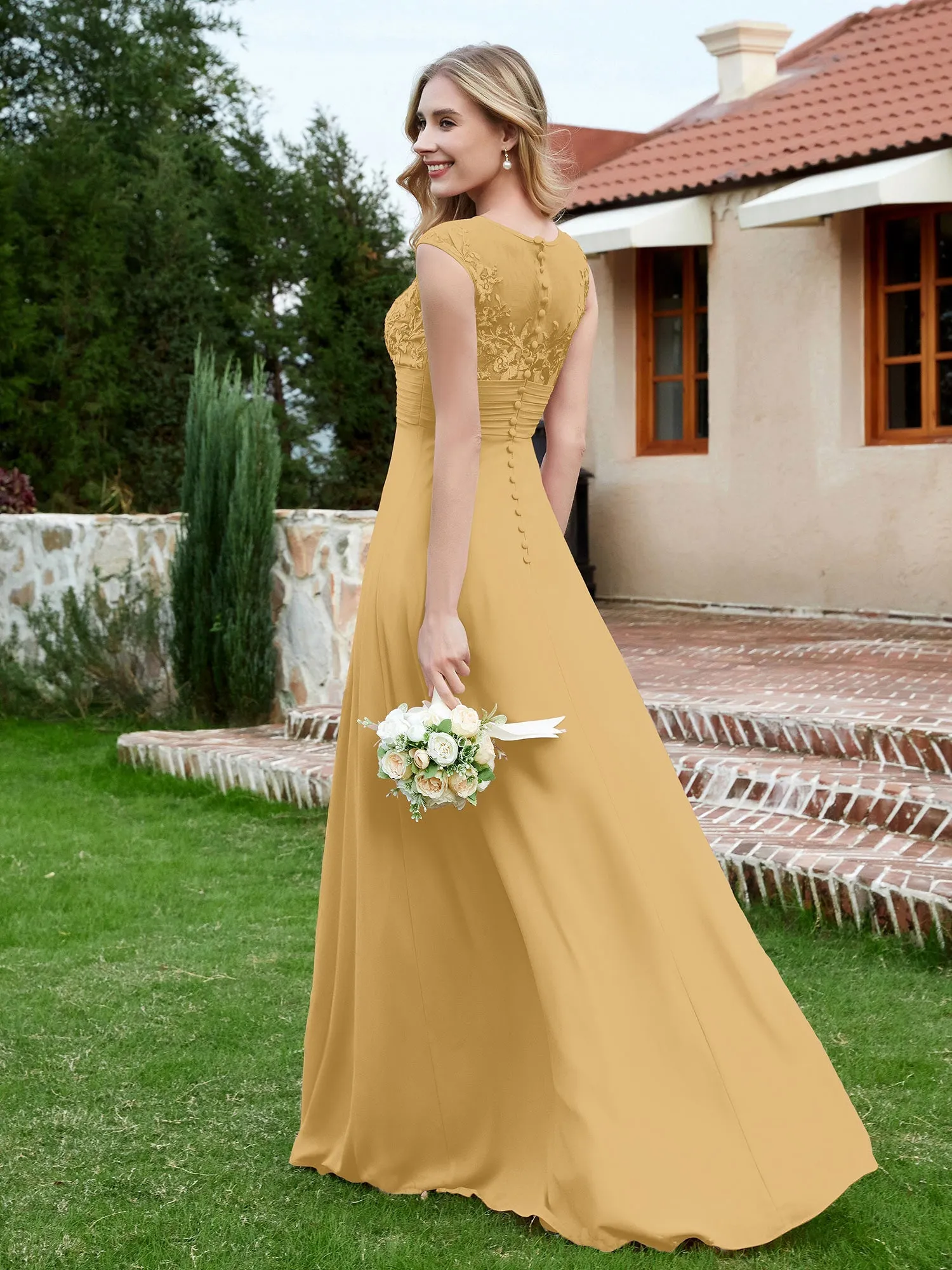 A-Line Chiffon Dress with Illusion Neckline Gold Plus Size