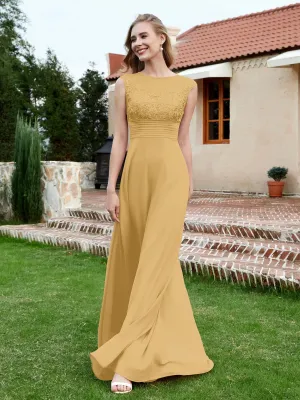 A-Line Chiffon Dress with Illusion Neckline Gold Plus Size