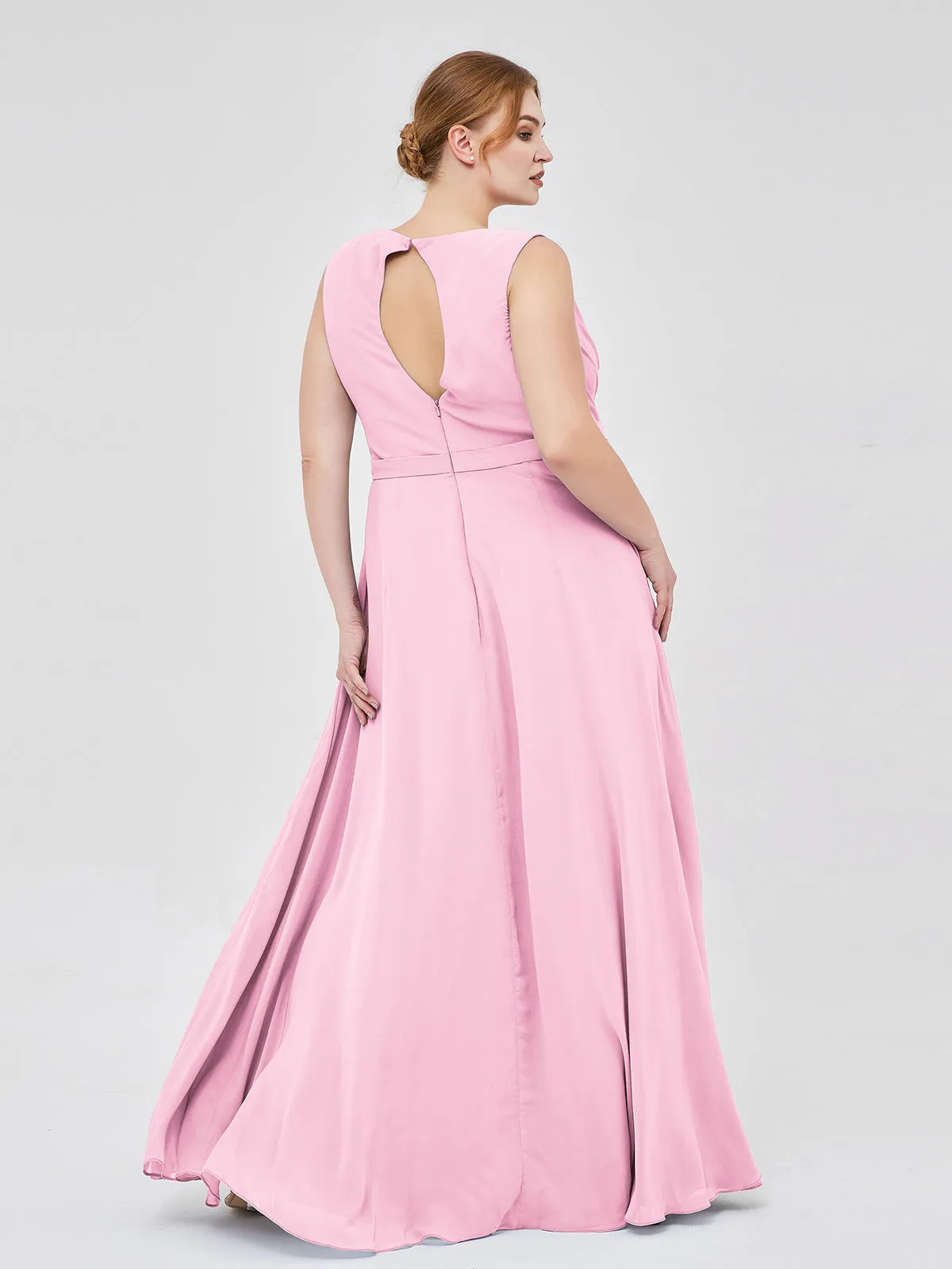 A-line Chiffon Open Back Dress With V-Neck Candy Pink Plus Size