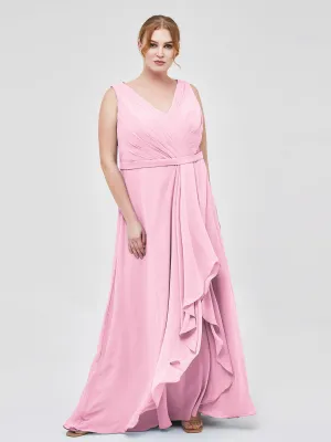 A-line Chiffon Open Back Dress With V-Neck Candy Pink Plus Size
