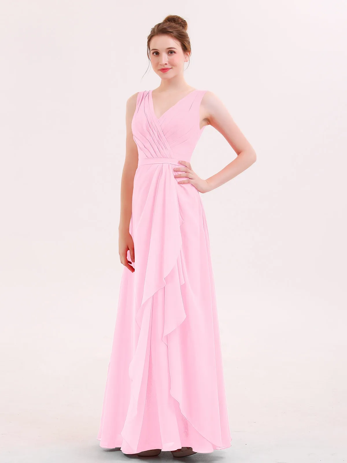 A-line Chiffon Open Back Dress With V-Neck Candy Pink