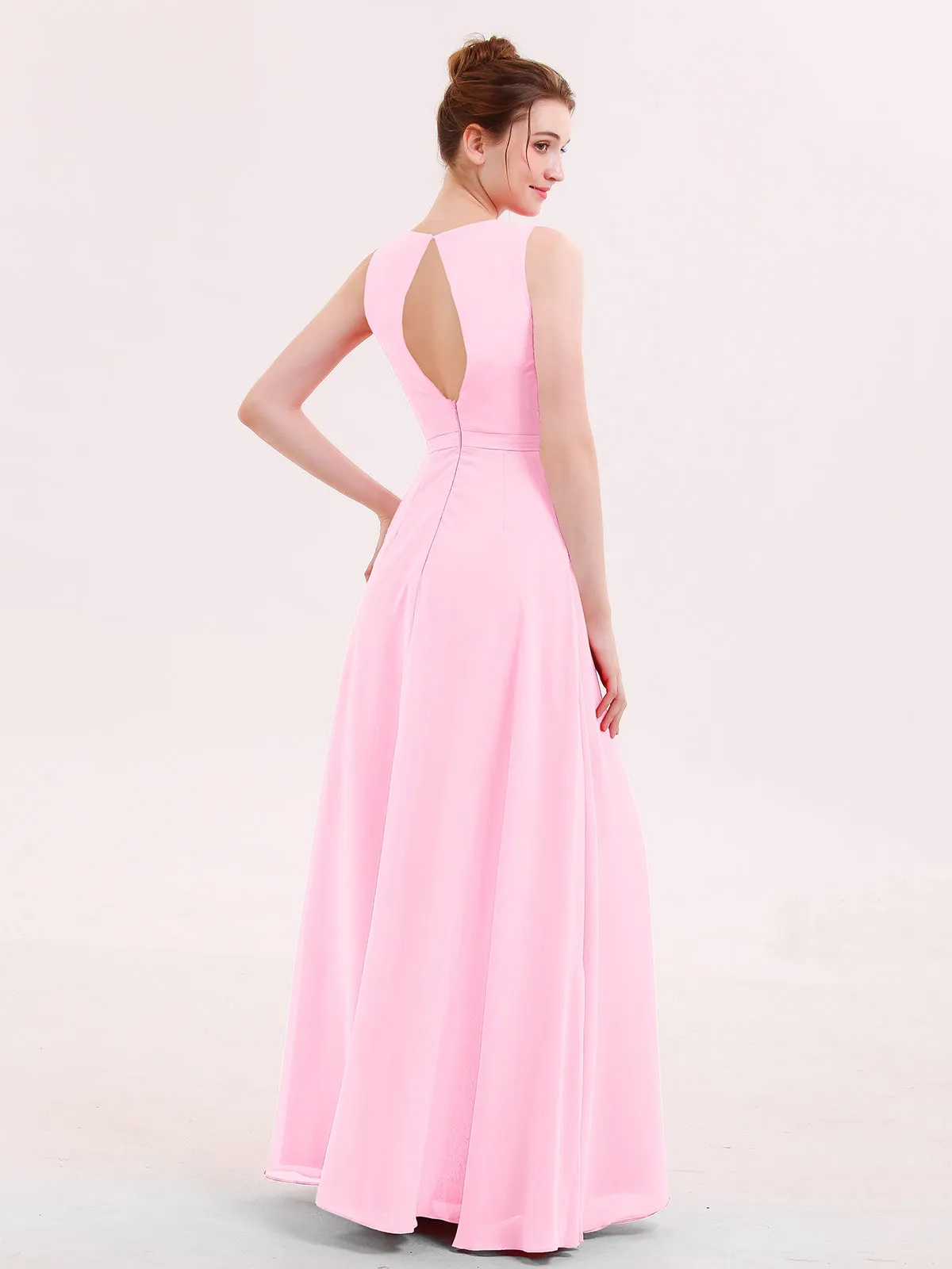 A-line Chiffon Open Back Dress With V-Neck Candy Pink