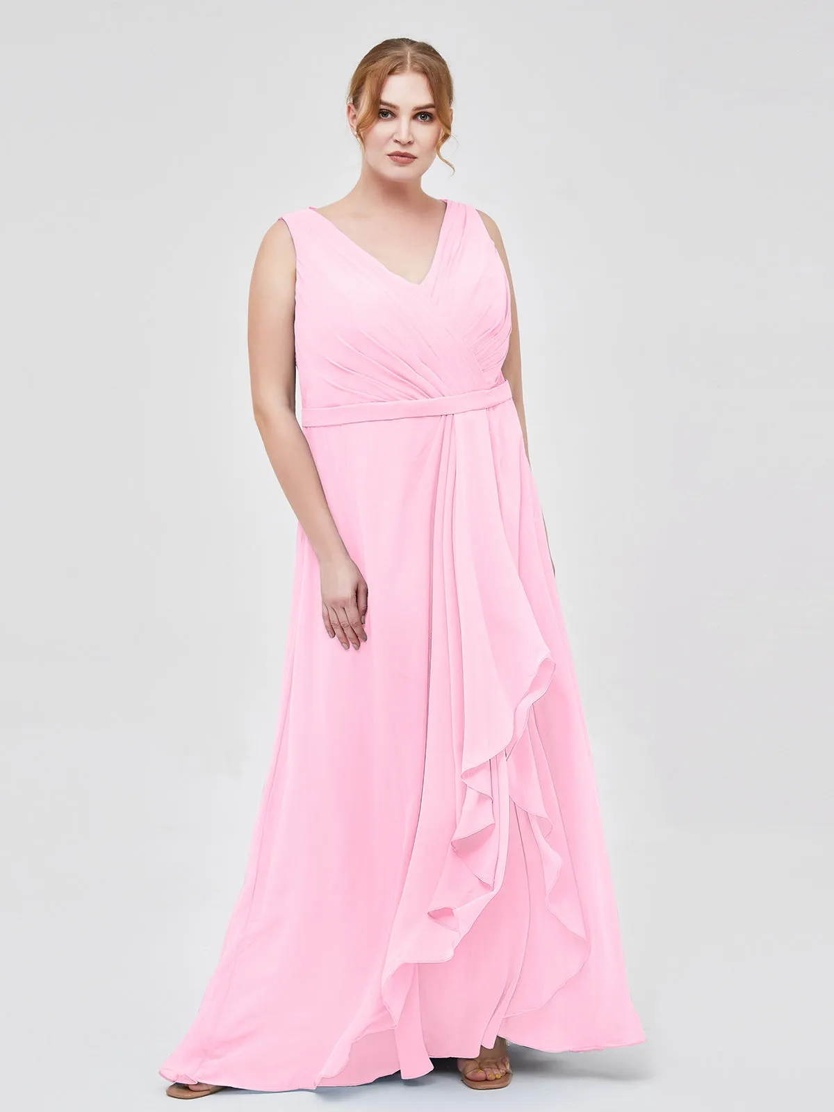 A-line Chiffon Open Back Dress With V-Neck Candy Pink