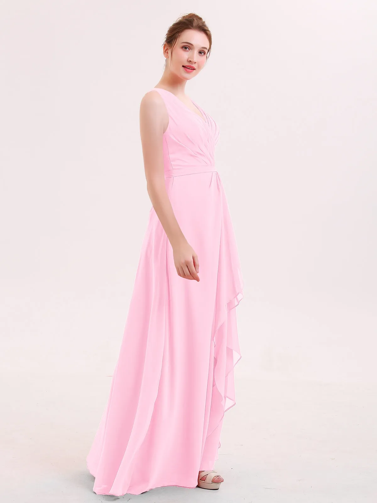 A-line Chiffon Open Back Dress With V-Neck Candy Pink