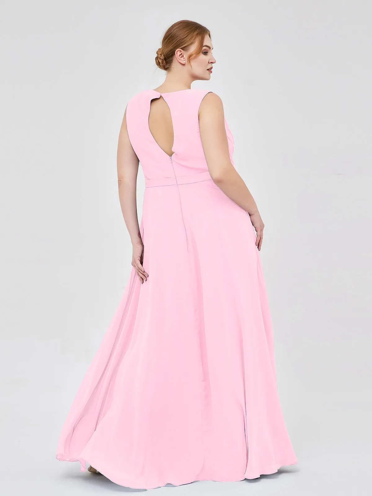 A-line Chiffon Open Back Dress With V-Neck Candy Pink