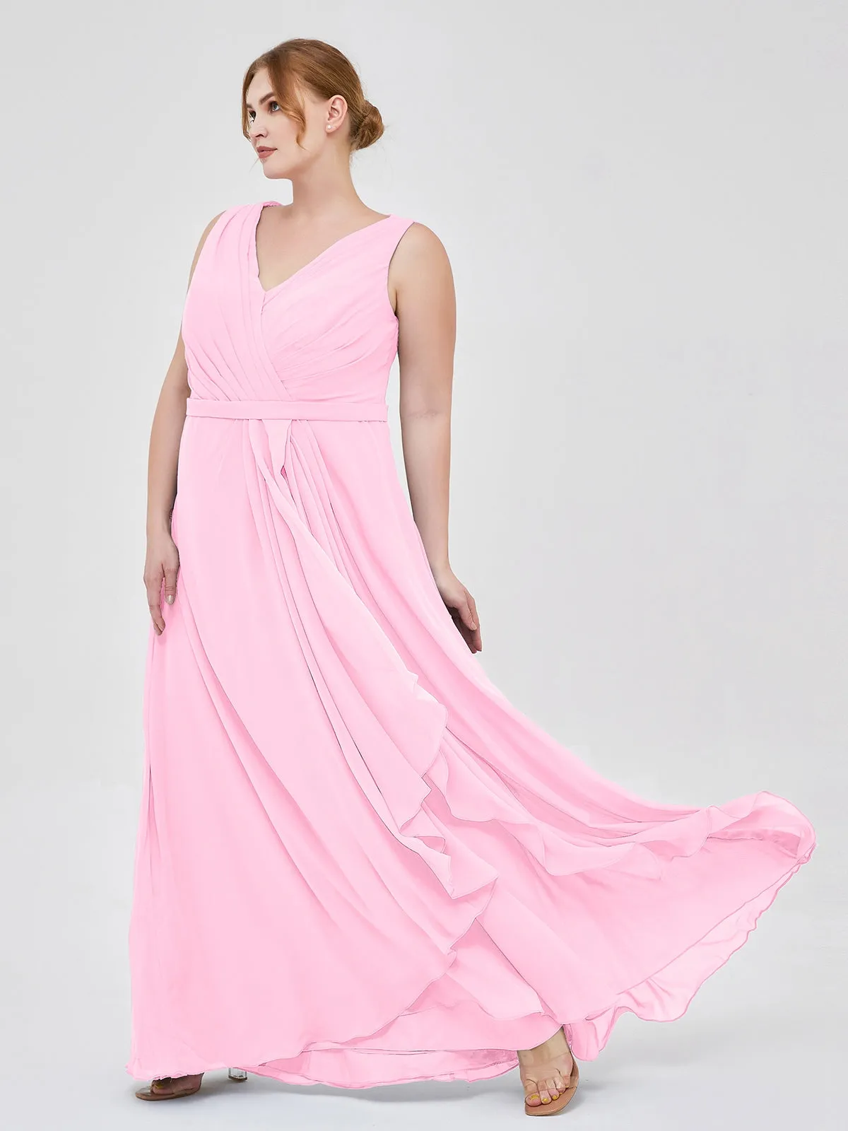A-line Chiffon Open Back Dress With V-Neck Candy Pink