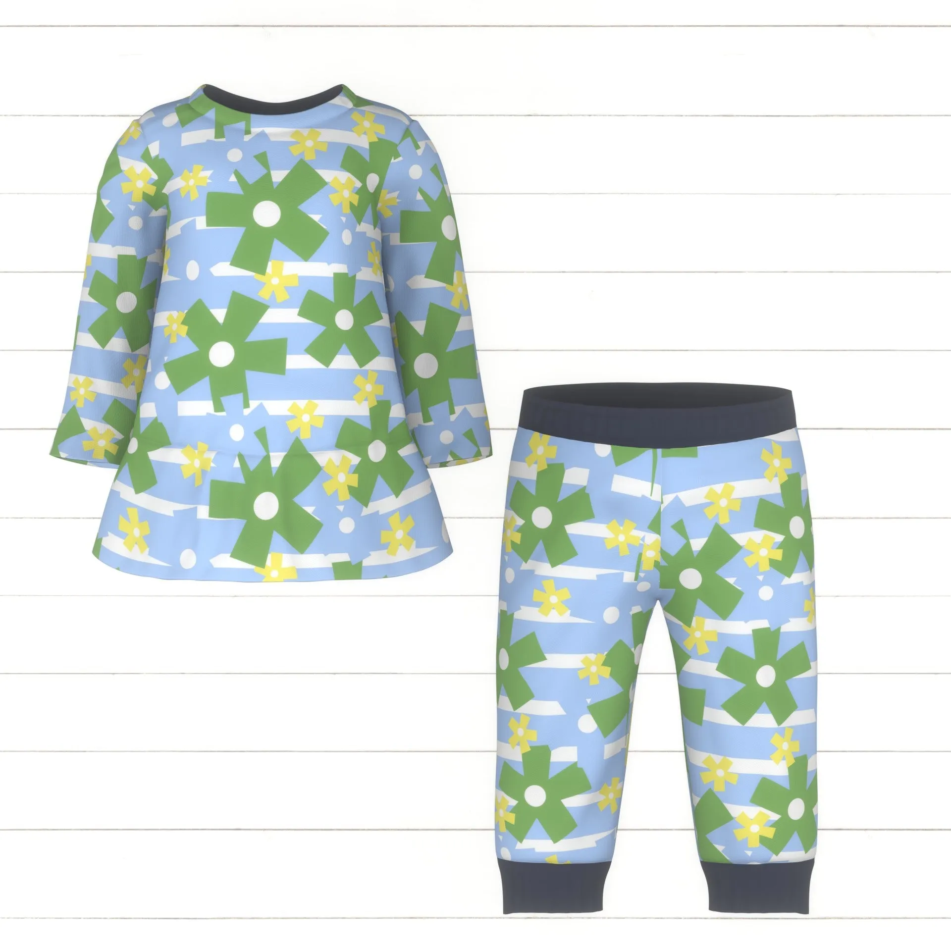 Abstract Floral, Flowers with stripes, Cubist Flowers, Playful floral print, Blue, Green, and yellow flowers, Summer Floral for Tops and dresses