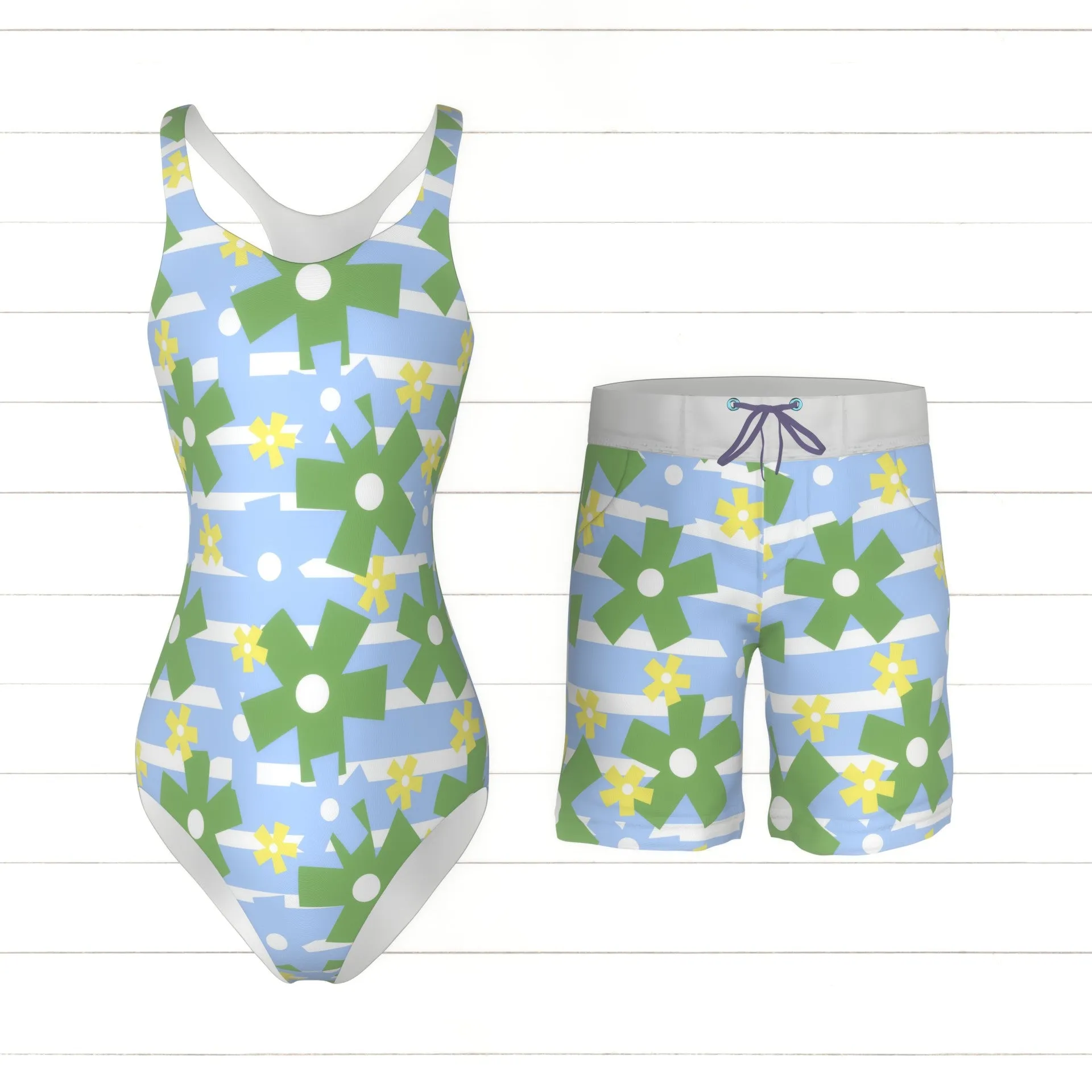 Abstract Floral, Flowers with stripes, Cubist Flowers, Playful floral print, Blue, Green, and yellow flowers, Summer Floral for Tops and dresses