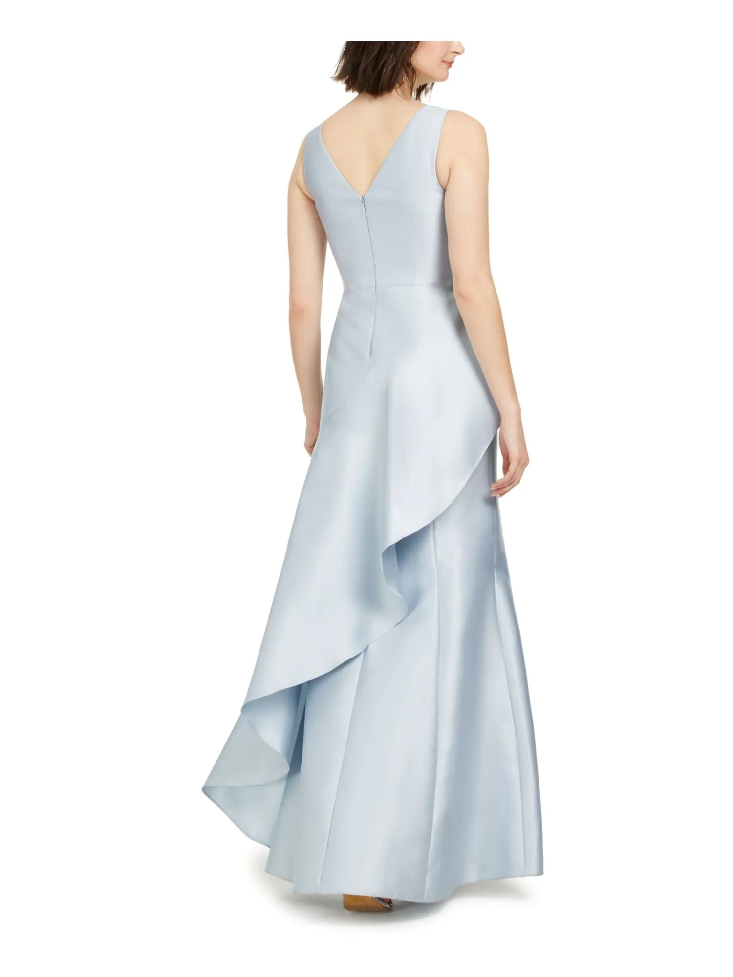 ADRIANNA PAPELL Womens Light Blue Embellished Ruffled Satin Sleeveless Illusion Neckline Full-Length Formal A-Line Dress