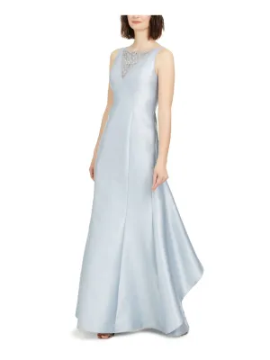 ADRIANNA PAPELL Womens Light Blue Embellished Ruffled Satin Sleeveless Illusion Neckline Full-Length Formal A-Line Dress
