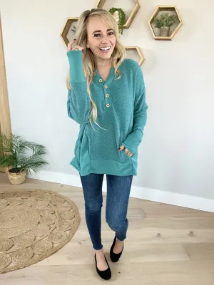 Agreeable Sugar Knit Kangaroo Pocket Top in Teal