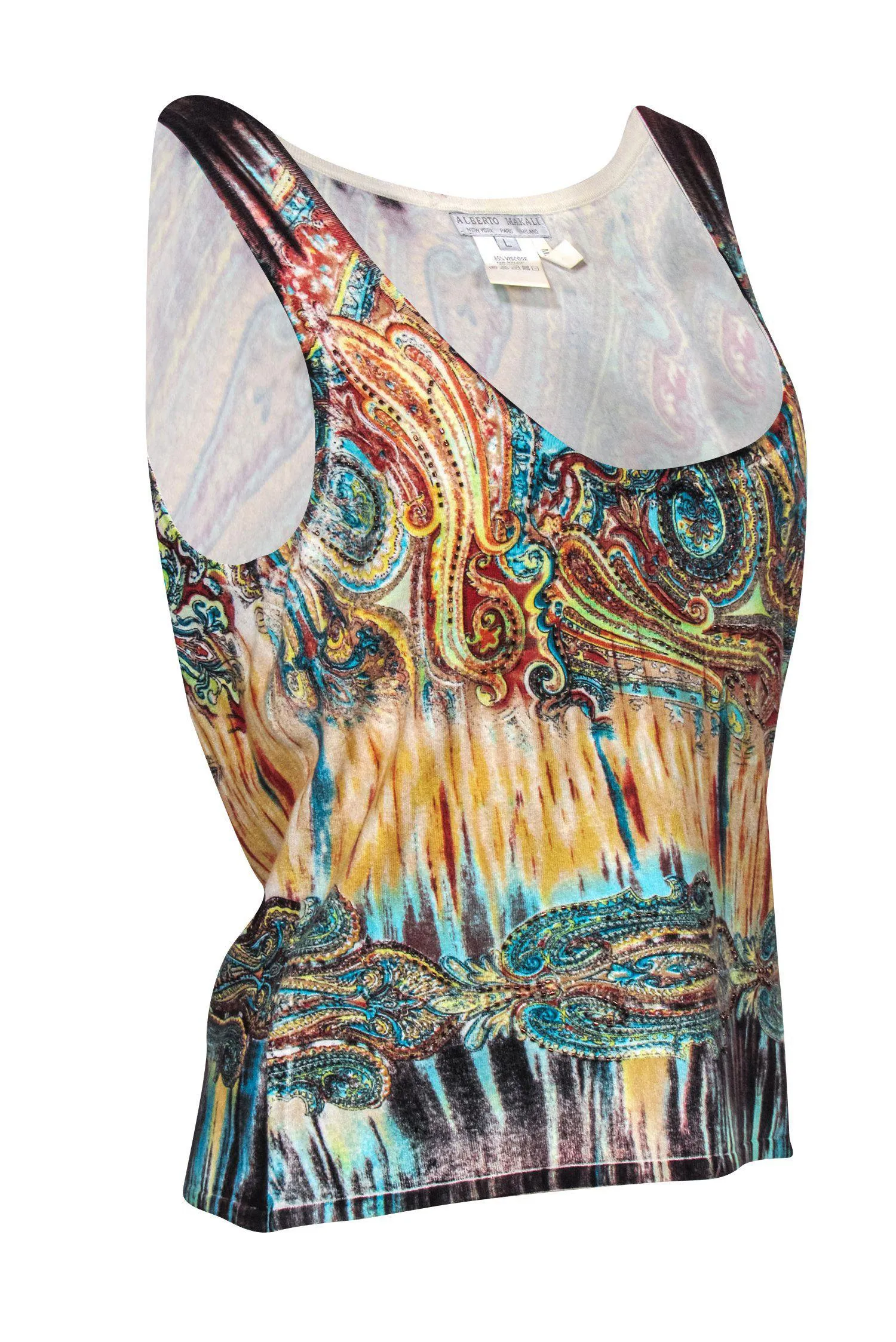 Alberto Makali - Multicolor Paisley Printed Knit Tank w/ Beading Sz L