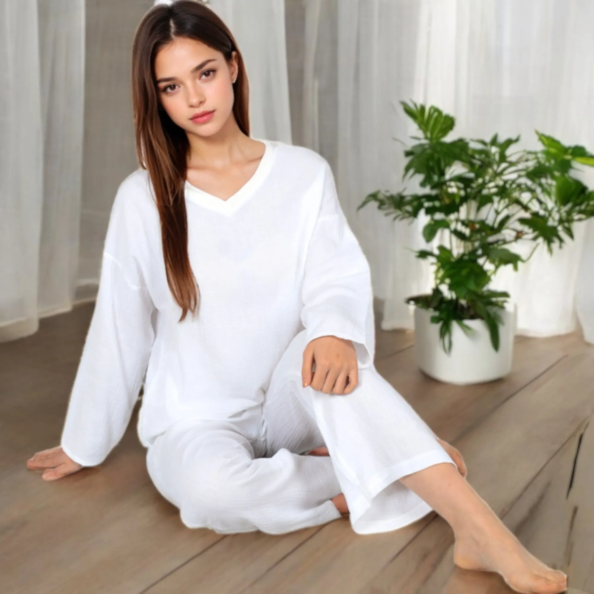 Anna-Kaci Women's V-Neck Top and Wide-Leg Pant Set in Soft Waffle Knit