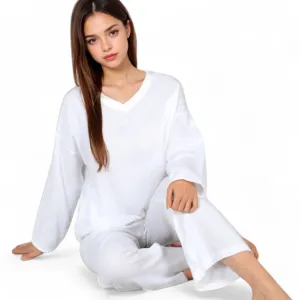 Anna-Kaci Women's V-Neck Top and Wide-Leg Pant Set in Soft Waffle Knit