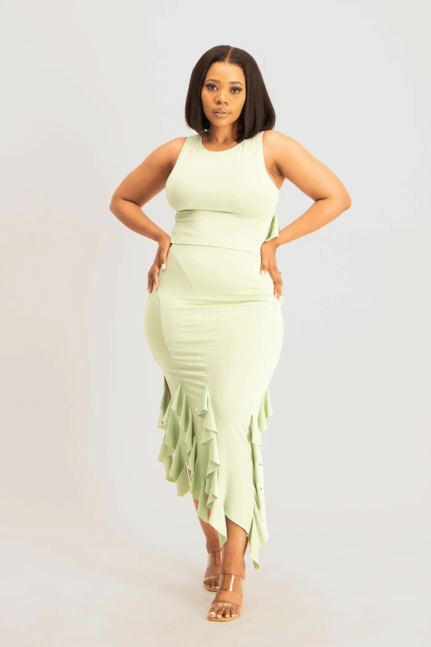 Araya Waterfall Ruffle Skirt - Smoke Green