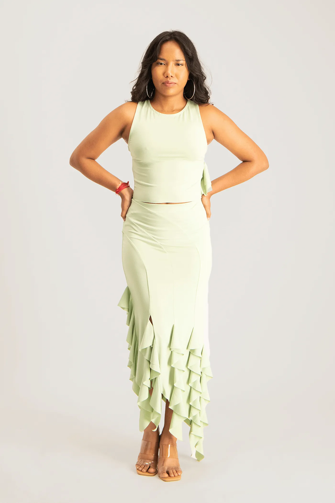 Araya Waterfall Ruffle Skirt - Smoke Green