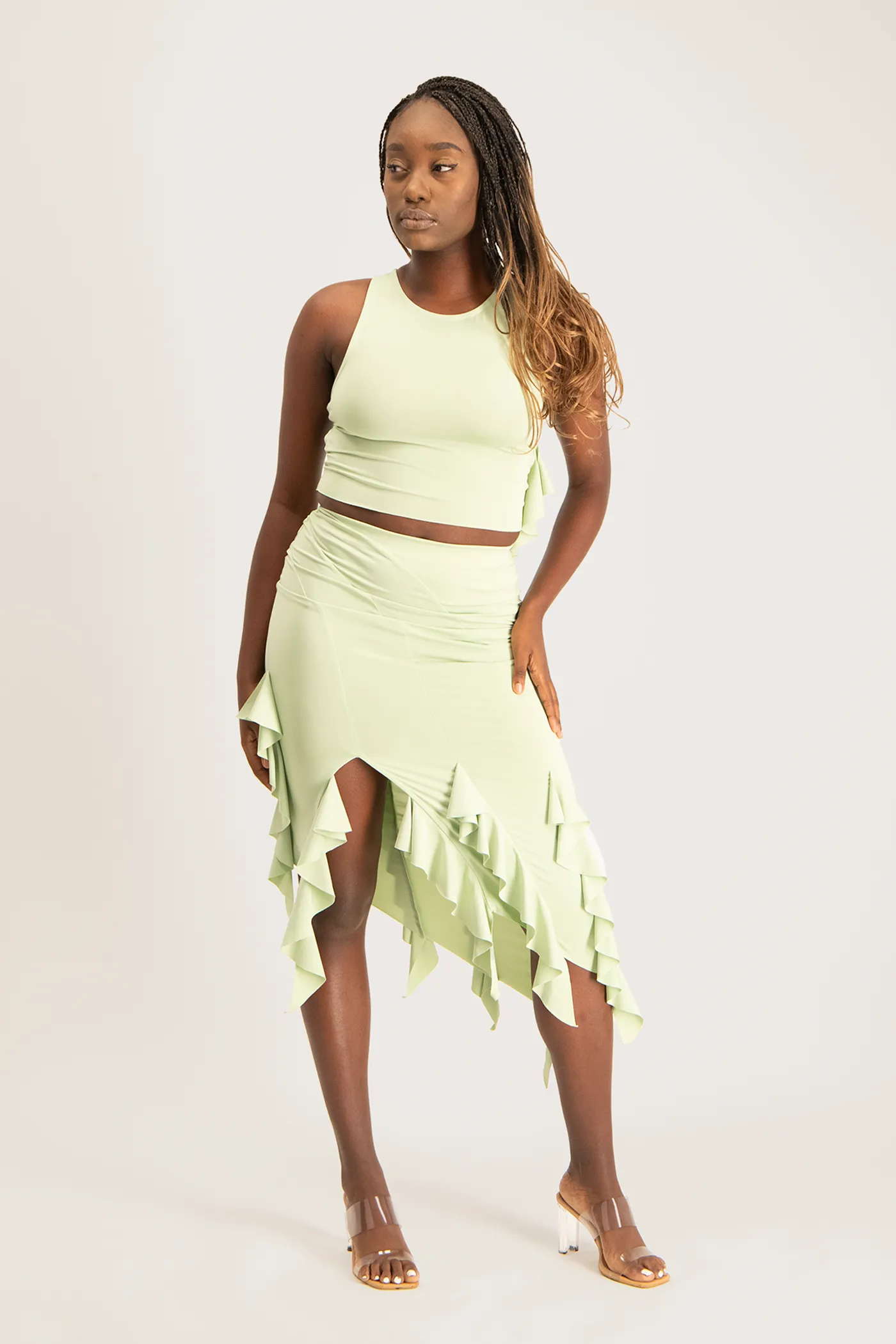 Araya Waterfall Ruffle Skirt - Smoke Green