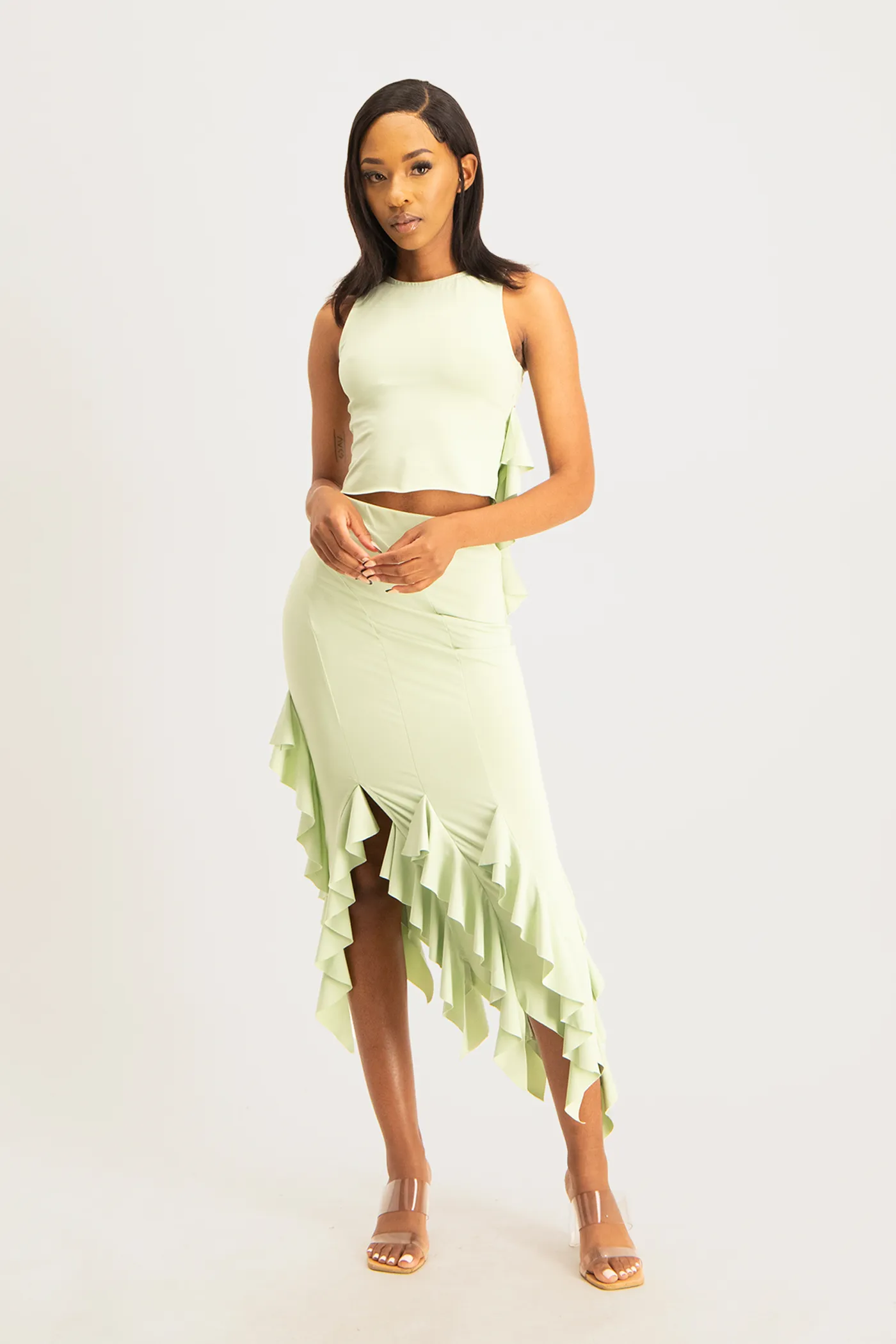 Araya Waterfall Ruffle Skirt - Smoke Green