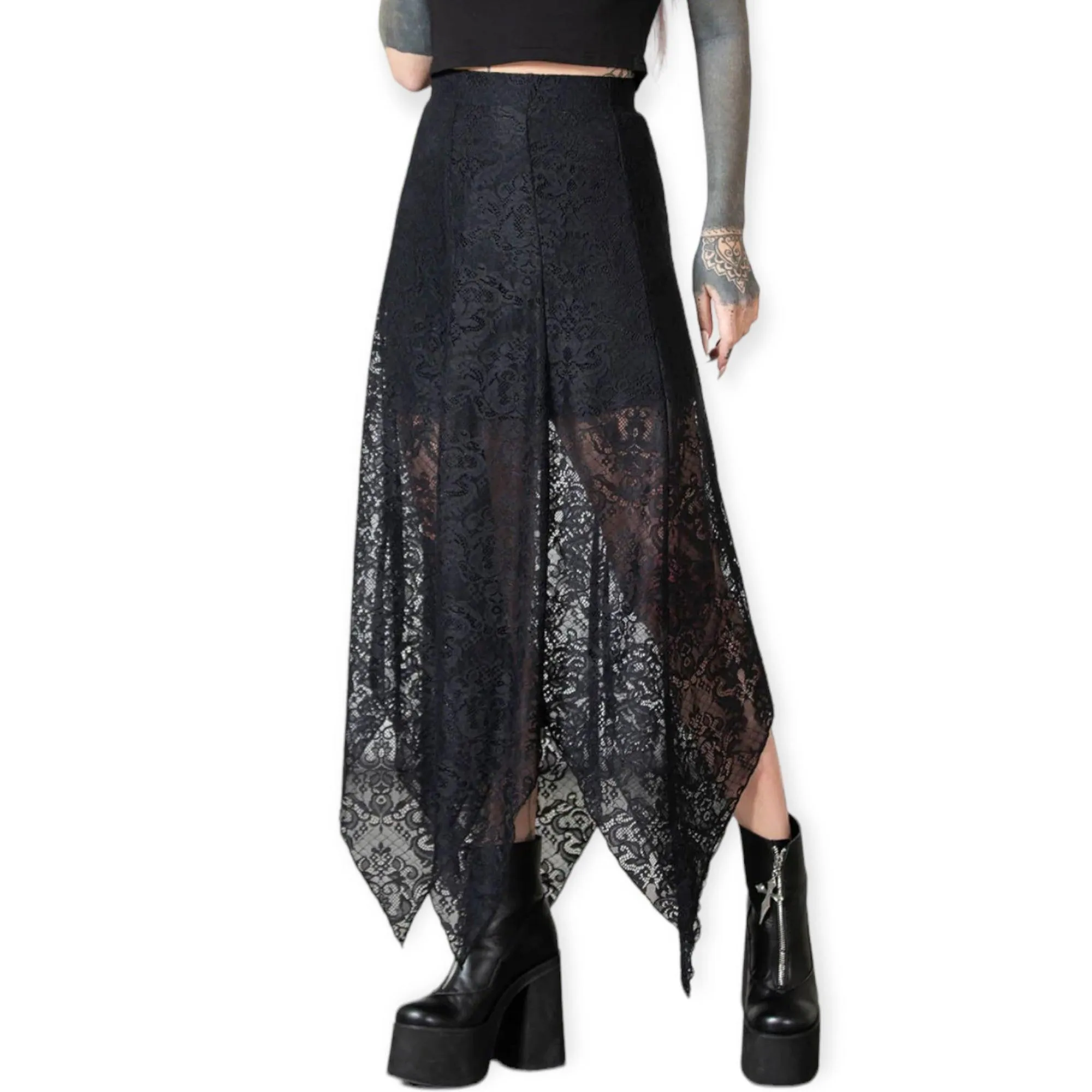 Black Lace Asymmetrical Maxi Skirt