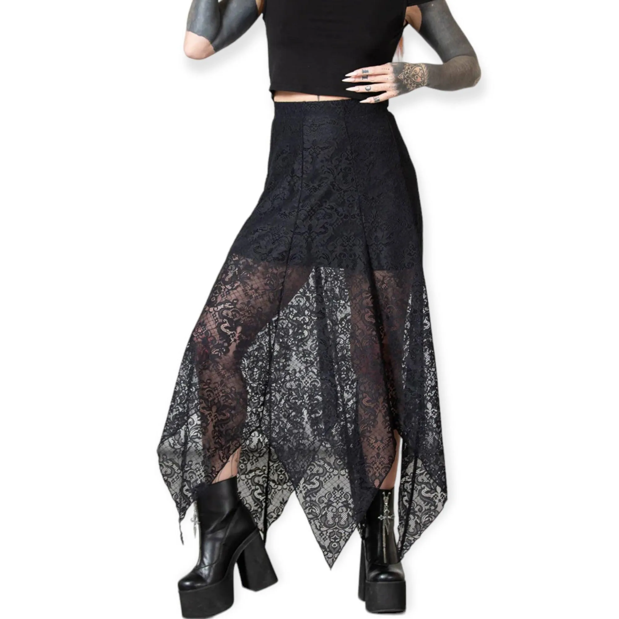 Black Lace Asymmetrical Maxi Skirt