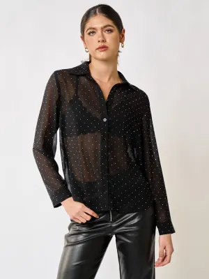 Blue Blush Sheer Rhinestone-Detailed Button Down Shirt - Brands We Love
