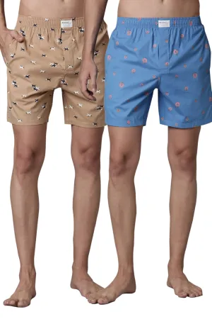 Blue-Lagoon Printed & Leather-Brown Printed 365 Boxers Combo