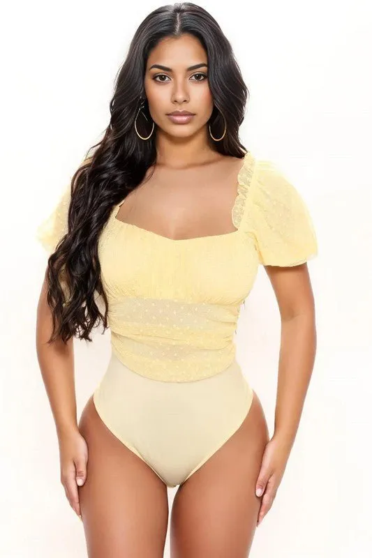 Bri DOT MESH PUFF SLEEVE BODYSUIT