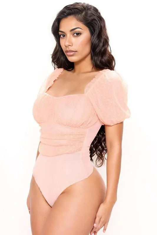 Bri DOT MESH PUFF SLEEVE BODYSUIT
