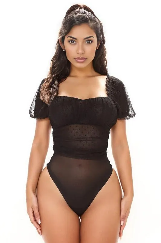 Bri DOT MESH PUFF SLEEVE BODYSUIT