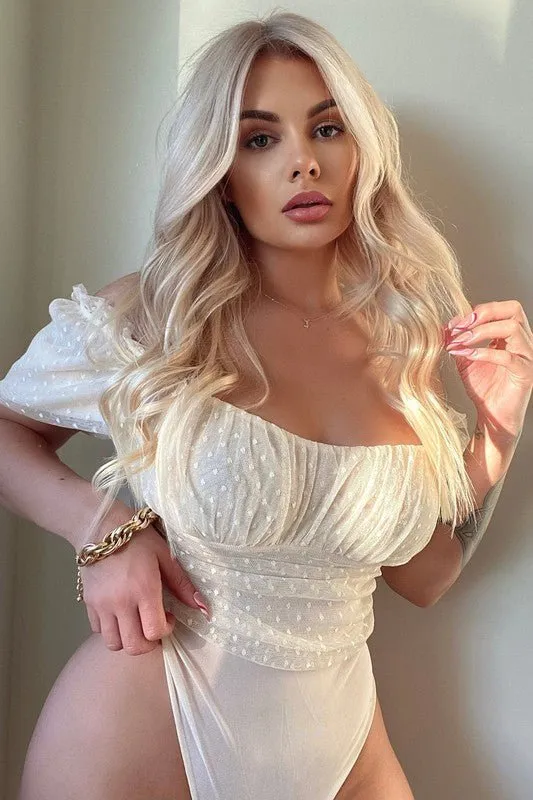 Bri DOT MESH PUFF SLEEVE BODYSUIT
