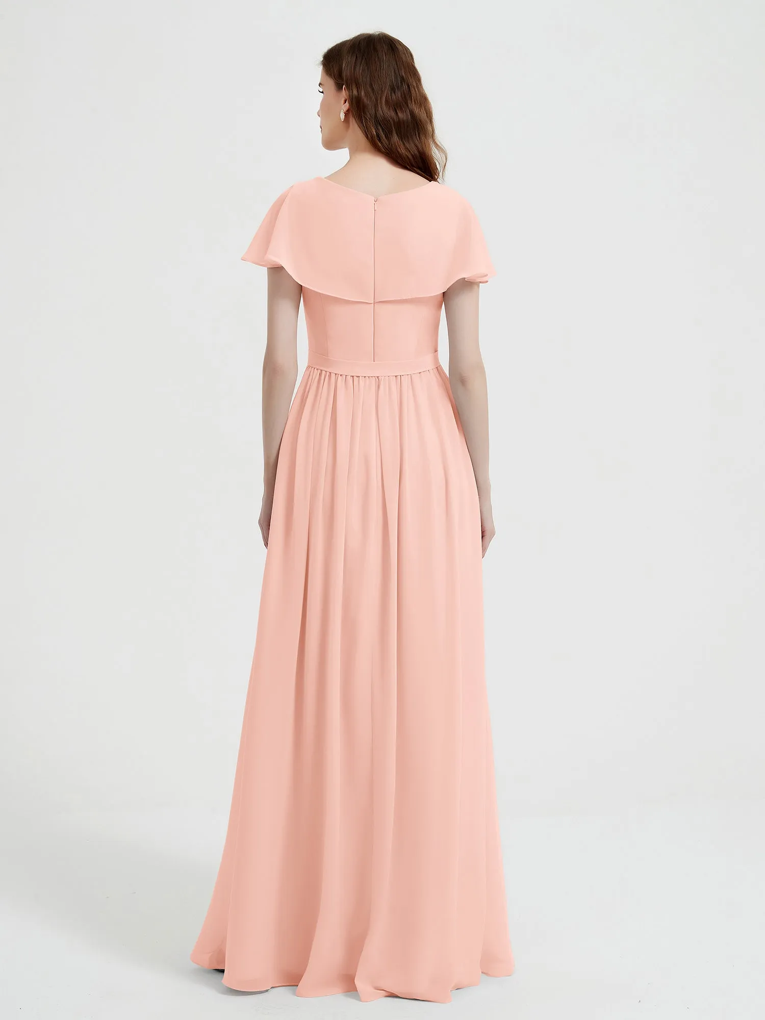 Cap Sleeves Long Chiffon Dresses with Slit-Coral Plus Size