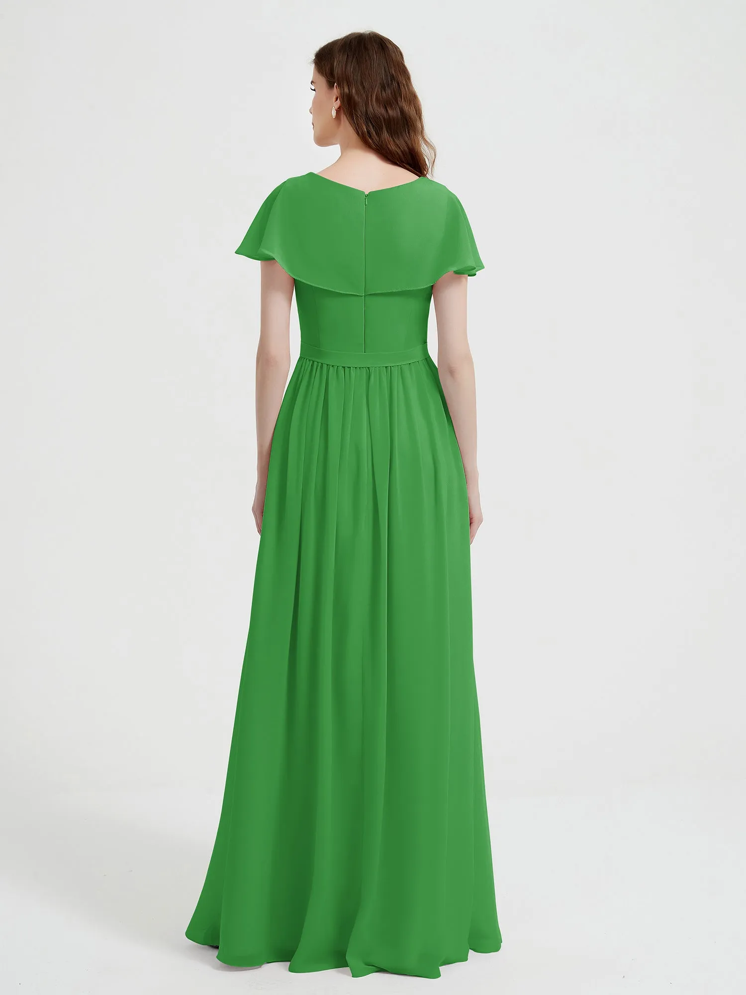 Cap Sleeves Long Chiffon Dresses with Slit-Green Plus Size