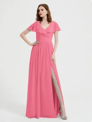Cap Sleeves Long Chiffon Dresses with Slit-Watermelon