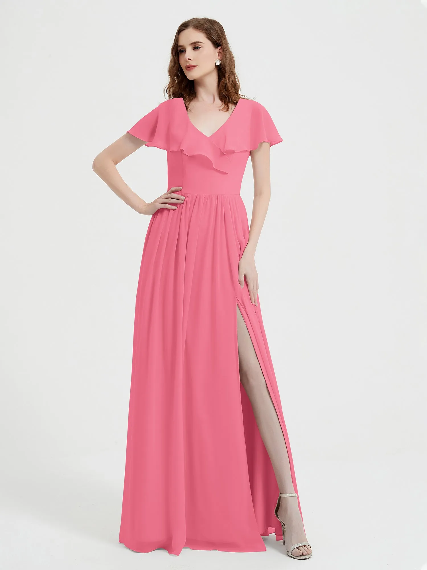 Cap Sleeves Long Chiffon Dresses with Slit-Watermelon