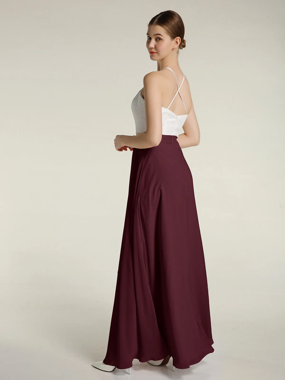 Chiffon Long Dresses with Ivory Lace Bodice-Cabernet Plus Size