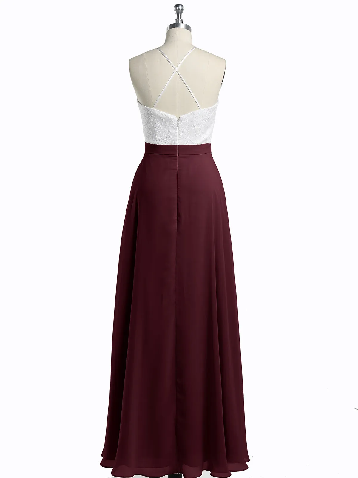 Chiffon Long Dresses with Ivory Lace Bodice-Cabernet Plus Size