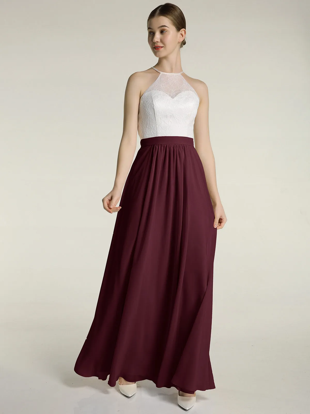 Chiffon Long Dresses with Ivory Lace Bodice-Cabernet Plus Size