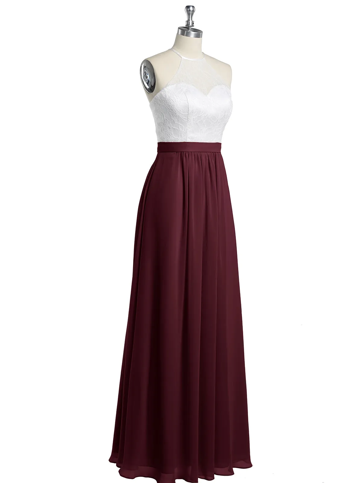Chiffon Long Dresses with Ivory Lace Bodice-Cabernet Plus Size