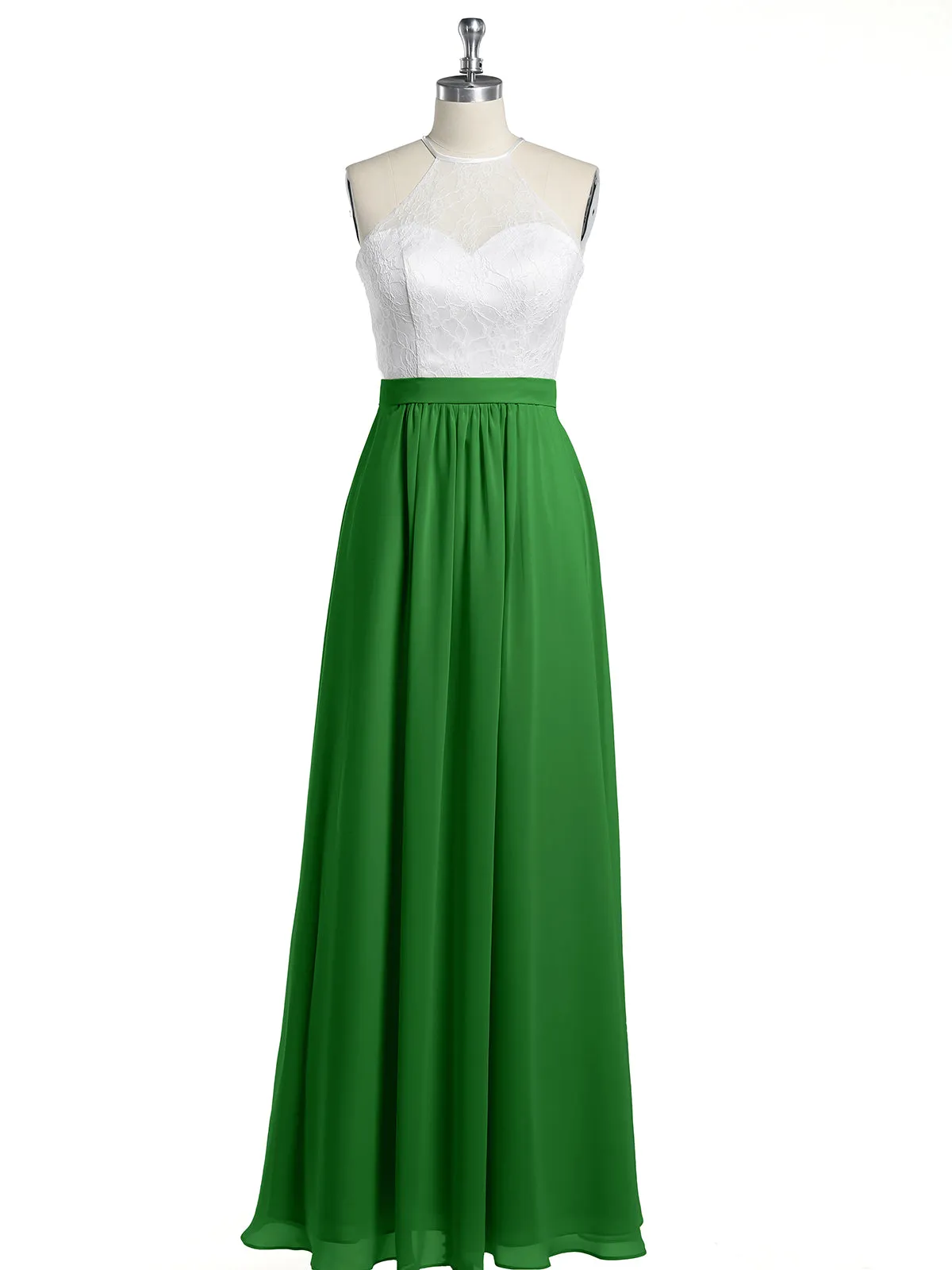 Chiffon Long Dresses with Ivory Lace Bodice-Green Plus Size