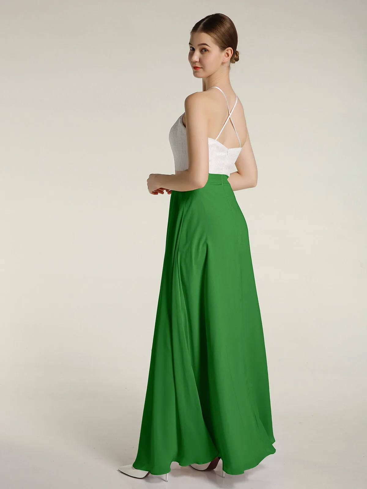 Chiffon Long Dresses with Ivory Lace Bodice-Green Plus Size