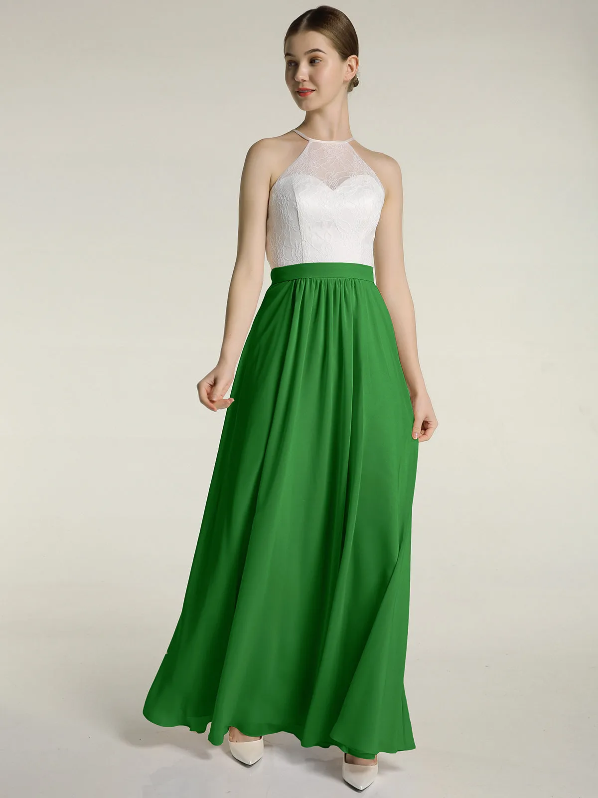 Chiffon Long Dresses with Ivory Lace Bodice-Green Plus Size