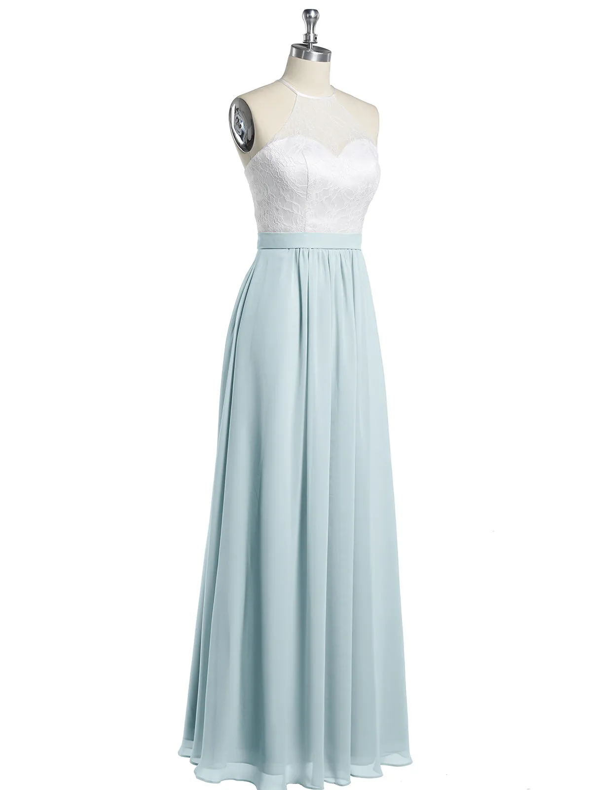 Chiffon Long Dresses with Ivory Lace Bodice-Mist