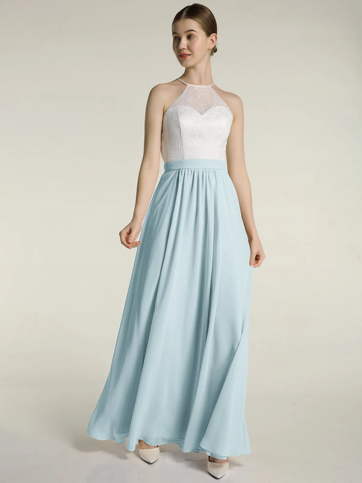 Chiffon Long Dresses with Ivory Lace Bodice-Mist