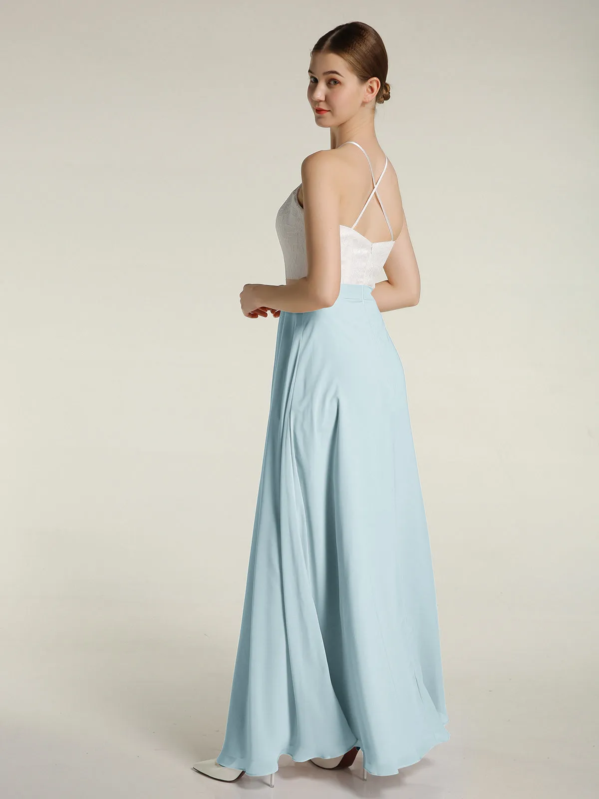Chiffon Long Dresses with Ivory Lace Bodice-Mist