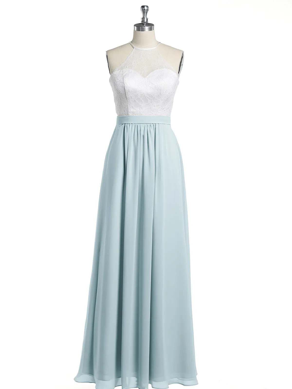 Chiffon Long Dresses with Ivory Lace Bodice-Mist