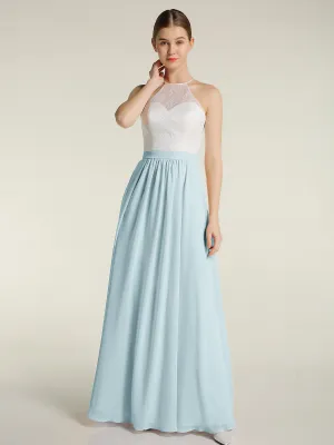 Chiffon Long Dresses with Ivory Lace Bodice-Mist