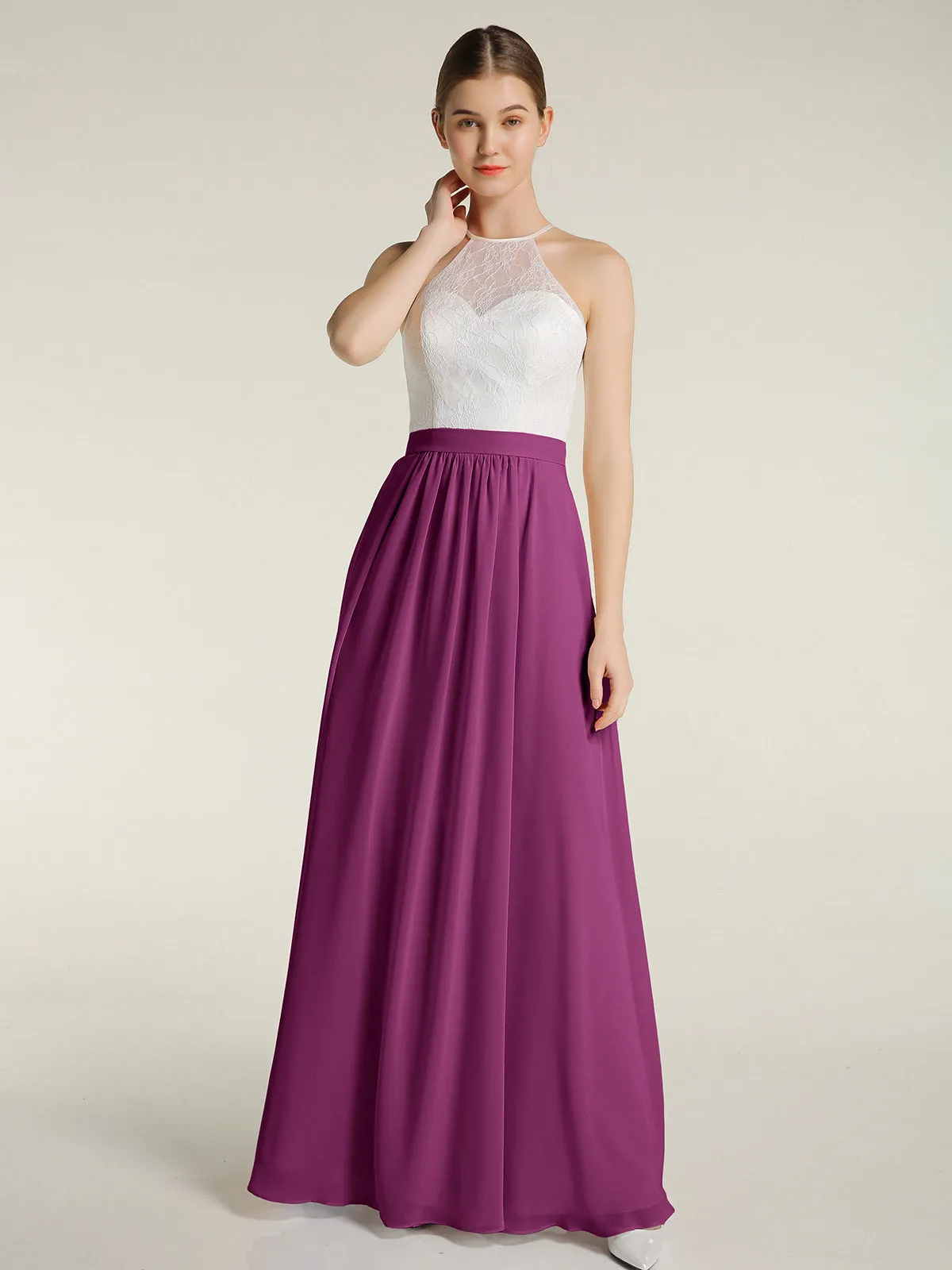 Chiffon Long Dresses with Ivory Lace Bodice-Orchid Plus Size