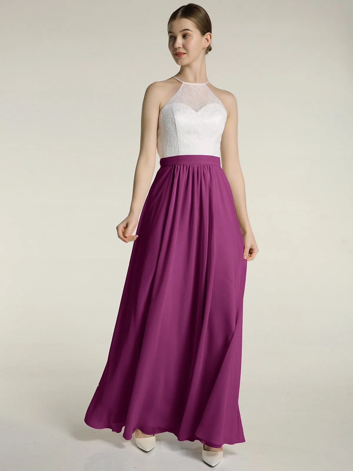 Chiffon Long Dresses with Ivory Lace Bodice-Orchid Plus Size