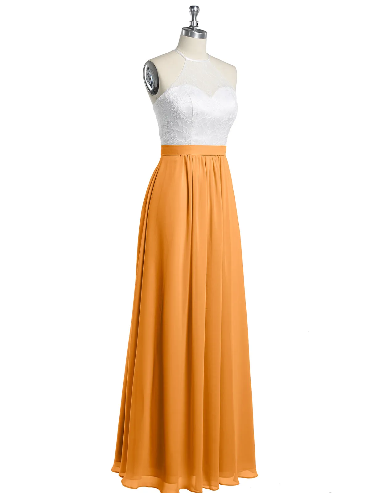 Chiffon Long Dresses with Ivory Lace Bodice-Tangerine