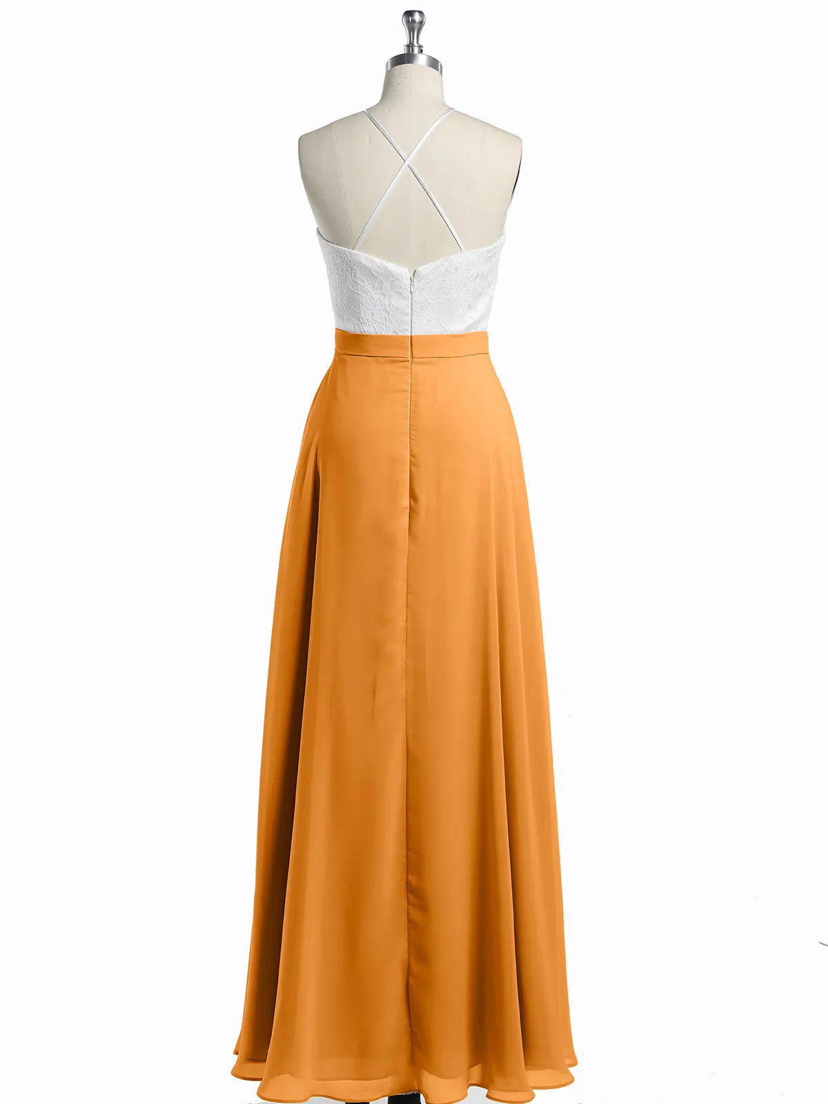 Chiffon Long Dresses with Ivory Lace Bodice-Tangerine